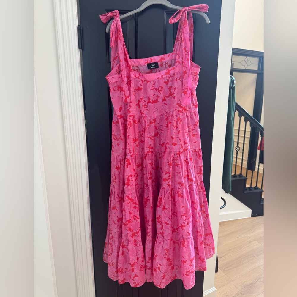 Vici Pink and Red Floral Tie-Shoulder Midi Dress